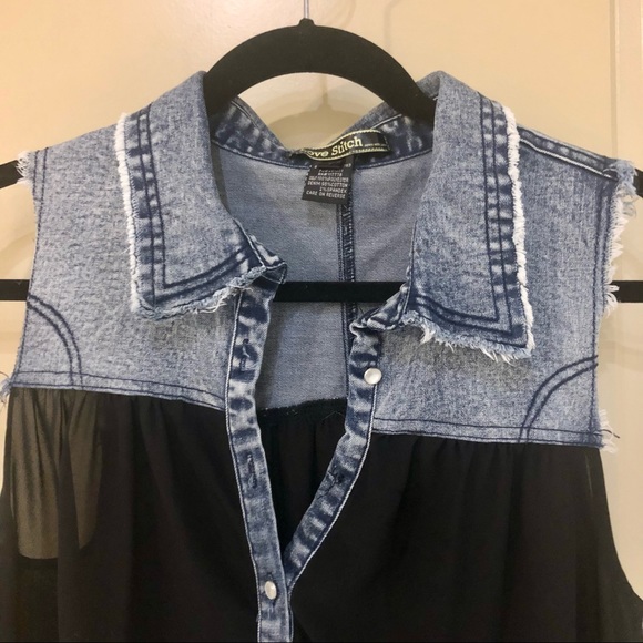 Love Stitch Black Sheet & Denim Collar Top - Picture 2 of 3